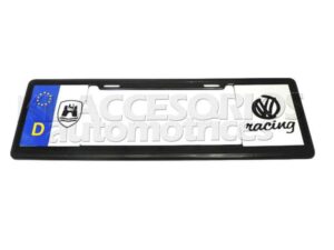 MARCO PORTAPLACA CON IMAGENES TIPO PLACA DE LA UNION EUROPEA, LOGO WOLFSBURG Y VOLKSWAGEN RACING, VINIL AUTOADHERIBLE REFLEJANTE.
