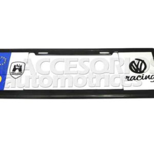 MARCO PORTAPLACA CON IMAGENES TIPO PLACA DE LA UNION EUROPEA, LOGO WOLFSBURG Y VOLKSWAGEN RACING, VINIL AUTOADHERIBLE REFLEJANTE.
