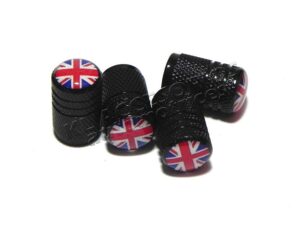 JUEGO DE TAPAS AIRE LLANTA, BANDERA INGLATERRA, ENGLAND, ALUMINIO NEGRO, UNIVERSALES