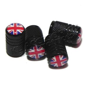 JUEGO DE TAPAS AIRE LLANTA, BANDERA INGLATERRA, ENGLAND, ALUMINIO NEGRO, UNIVERSALES