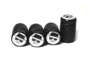 JUEGO DE TAPAS AIRE LLANTA, BREAKING BAD EDITION, HEISENBERG, ALUMINIO NEGRO, UNIVERSALES