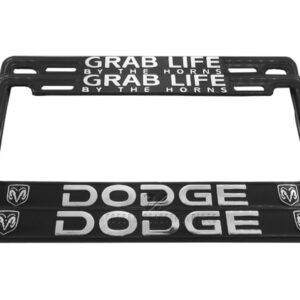 SET DE 2 MARCOS PORTA PLACAS DODGE GRAB THE LIFE BY THE HORNS, TAMAÑO NACIONAL