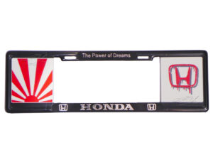 MARCO PORTAPLACA TIPO EUROPEO EDICION HONDA SANGRANTE, SOL NACIENTE JAPONHECHO DE PLASTICO ABS CON LETRAS EN RELIEVE, CALCOMANIAS EN VINIL AUTOADHERIBLE IMPRESO CON REFLEJANTE, COMPATIBLE CON TODAS LAS PLACAS MEXICANAS.