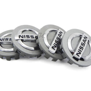 SET CON 4 TAPAS PARA EL CENTRO DEL RIN DE NISSAN VERSA, SENTRA, TIIDA, HECHO DE PLASTICO ABS CON ACABADO GRIS.