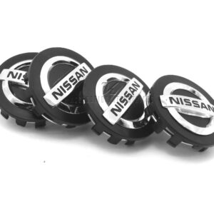 SET CON 4 TAPAS PARA EL CENTRO DEL RIN DE NISSAN VERSA, SENTRA, TIIDA, HECHO DE PLASTICO ABS CON ACABADO NEGRO.