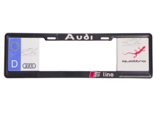 MARCO PORTAPLACA TIPO EUROPEO EDICION AUDI S LINE QUATTRO LIZARD, UNION EUROPEA DEUTCHSLAND HECHO DE PLASTICO ABS CON LETRAS EN RELIEVE, CALCOMANIAS EN VINIL AUTOADHERIBLE IMPRESO CON REFLEJANTE, COMPATIBLE CON TODAS LAS PLACAS MEXICANAS.