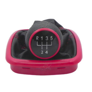 POMO PERILLA DE VELOCIDADES CON CUBREPOLVO FUNDA DE PIEL COSTURAS ROJO Y MARCO COLOR ROJO JETTA GOLF MK4 Y CLASICO