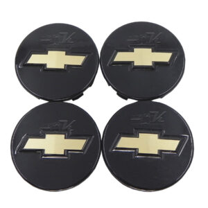 SET CON 4 CENTROS DE RIN CON DIAMETRO DE 52 MM COMPATIBLE CON VEHICULOS CHEVROLET, HECHO DE PLASTICO ABS CON PARTE DELANTERA NEGRO BRILLANTE.