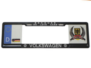 MARCO PORTAPLACA TIPO EUROPEO HECHO DE PLASTICO ABS COMPATIBLE CON TODAS LAS MATRICULAS MEXICANAS, LETRAS EN RELIEVE E IMAGENES EN VINIL AUTOADHERIBLE REFLEJANTE.