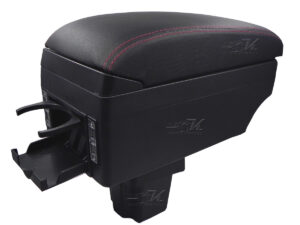 Hecho de plástico ABS con tapa forrada en vinipiel y costuras en color rojo, gran capacidad de almacenamiento, incluye cable USB para conectar al cargador del vehículo, con portavaso, fácil instalación se coloca en el area del portavaso de la consola del vehículo.