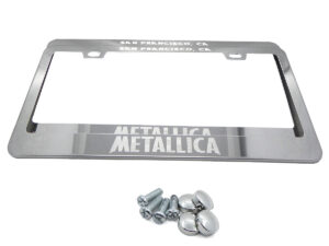 Set 2 Marcos Portaplaca Acero Inoxidable Plateado Bandas Rock, Heavy Metal, Trash Metal, Tamaño Americano, Compatible con las matrículas mexicanas.
